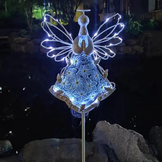 38Inch Angel Solar Lights Outdoor Decorative-Metal&Glass Angel Hydrangea Flower Garden Stake Lawn Light- Waterproof 30 Warm White LED for Remembrance Gifts & Sympathy Gifts(White) by GreenHaven Gardens