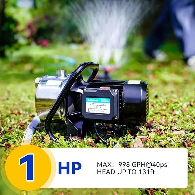 Acquaer 1 HP Portable Shallow Well Garden Pump, Stainless Steel, 998 GPH, 115V Sprinkler Water Transfer Draining Irrigation Pump for Water Removal/Lawn Garden by GreenHaven Gardens
