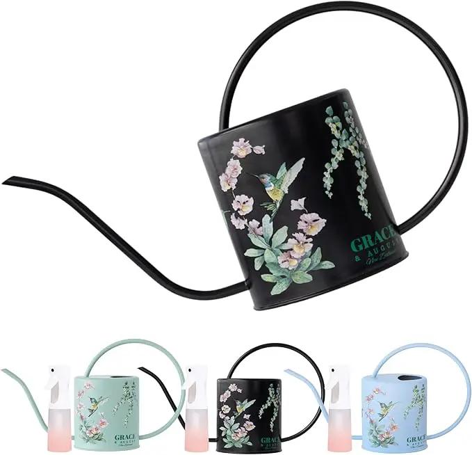 Watering Can for Indoor House Plants - Cute Decorative Metal Gardening Small Water Can for Houseplants & Flowers with Long Spout - 1.5L 51floz 0.4 Gallon (Hummingbird Black) by GreenHaven Gardens