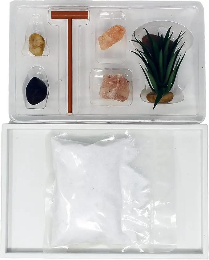 Nature's Mark Mini Zen Garden Kit for Desk with White Sand, Rake, White Base, Salt Rock and Air Plant (Rectangle) by GreenHaven Gardens