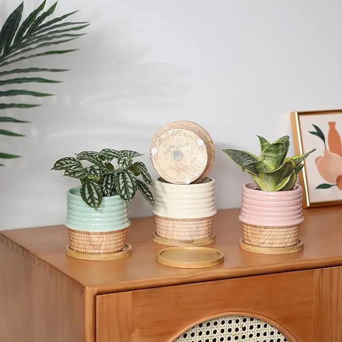 OMAYKEY 4 Inch Ceramic Plant Pot with Saucer, Water Transfer Printing Grain Planters Pots with Drainage Hole & Mesh Pads for Succulent, Indoor Flowers, Snake Plants, Cactus, Herbs, Set of 4 by GreenHaven Gardens