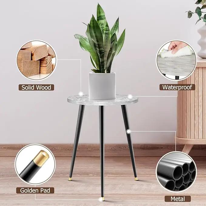 Plant Stand Indoor, Mid Century Wood Plant Stand Grey Plant Table for Flower Pots, Heavy Duty Metal Tall Plant Holder, Modern Home Decor Small Round Side End Table (11.8"x16") by GreenHaven Gardens