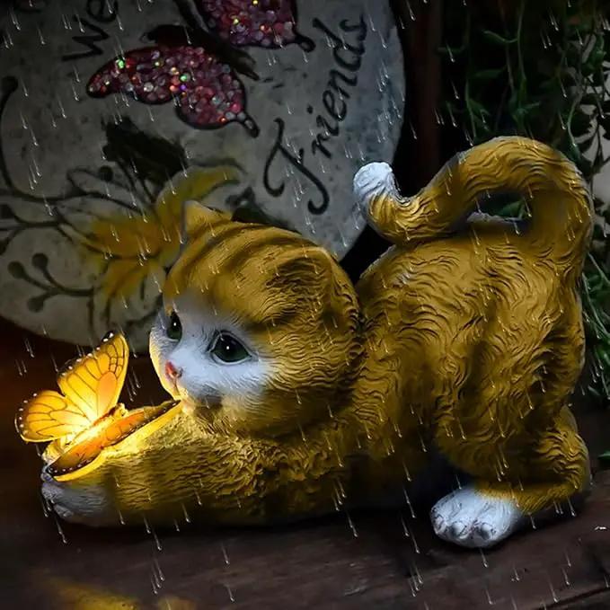 Solar Garden Statue Cat,Garden Figurine Outdoor Decoration with Cat Holding Butterfly for Yard,Patio,Lawn Art by GreenHaven Gardens