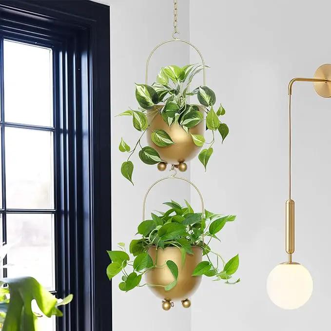 AceList Boho Gold Metal Hanging Planters, Set of 2 with Hooks & Chains - Versatile Wall & Ceiling Plant Hangers for Indoor/Outdoor Décor by GreenHaven Gardens