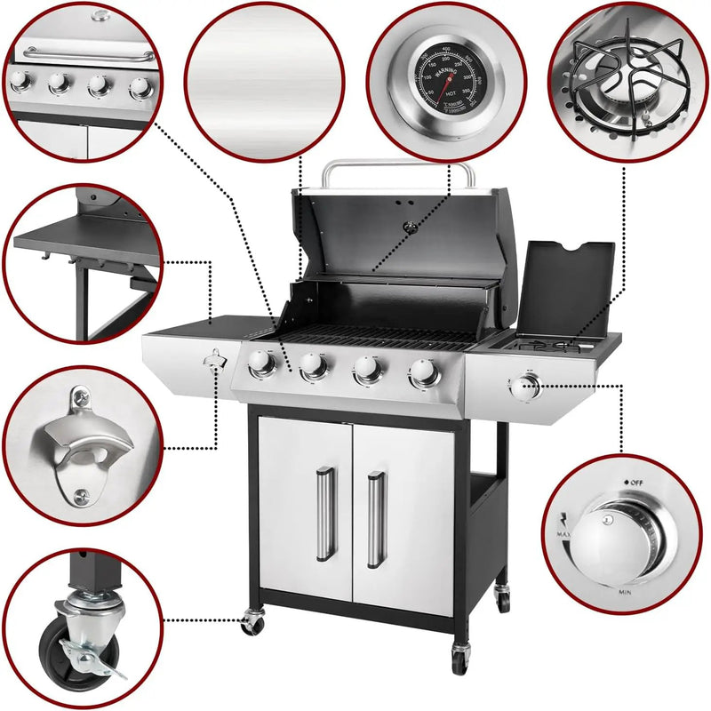 4-Burner Propane Gas BBQ Grill with Side Burner, 53,000 BTU Output with Enameled Cast Iron Grates for Patio Garden Barbecue, Stainless Steel by GreenHaven Gardens
