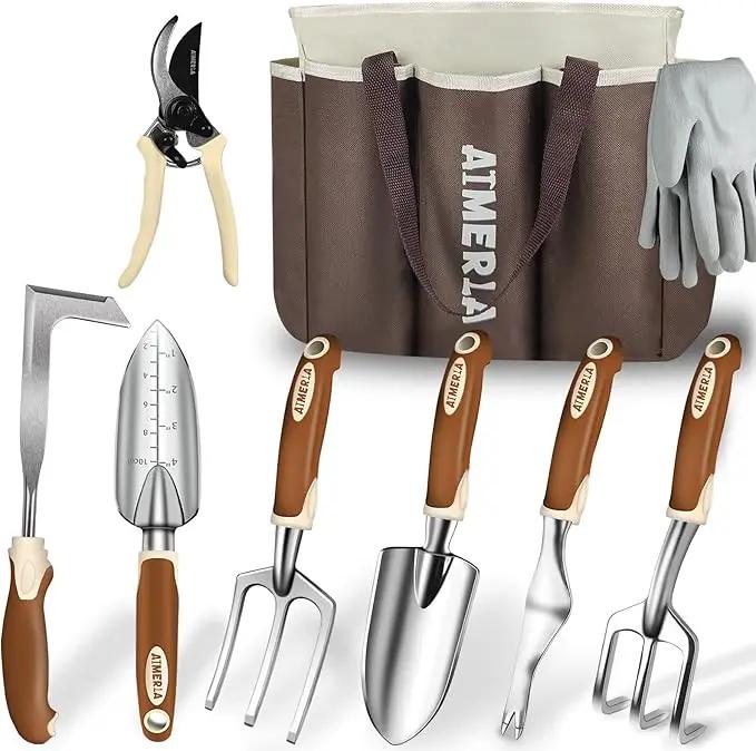 Gardening Tools Set of 9 Heavy Duty Garden Tools with Non-Slip Rubber Grip with Large Garden Bag for Tools Durable Hand Tools for Gardening, Weeding,Gardening Gifts for Women,Men by GreenHaven Gardens
