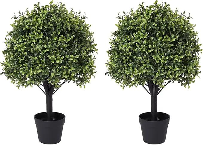 27“ Realistic Artificial Boxwood Topiary Trees Set of 2, Faux Boxwood Plants Outdoor UV-Resistant, No Maintenance Curb Appeal Fake Evergreen Bushes & Shrubs for Front Porch Outside Planter Decor by GreenHaven Gardens