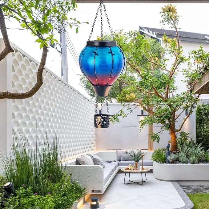 Starsoul 2 PC Blue Hot Air Balloon Solar Lantern Glass Solar Hot Air Balloon Flickering Flame Hanging Garden Light Waterproof Garden Yard Farmhouse Decor by GreenHaven Gardens