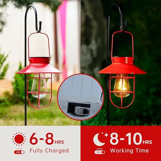 Solar Lights Lantern Lamp with Shepherd Hook, Solar Metal Lanterns, Outdoor Lights Decor,Edison Bulb Lights for Garden ,Outside Decor for Pathways,Patio, Lawn, or Landscaping(Red) by GreenHaven Gardens