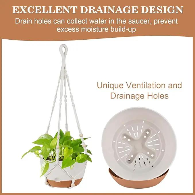 3 Pack Hanging Planters for Indoor Plants, 10 + 10 + 8 Inch Self-Watering Hanging Plant Pot, Macrame Plant Hanger with Pot, Ceiling Hooks, Removable Saucer and Drainage Holes for Garden Home - White by GreenHaven Gardens