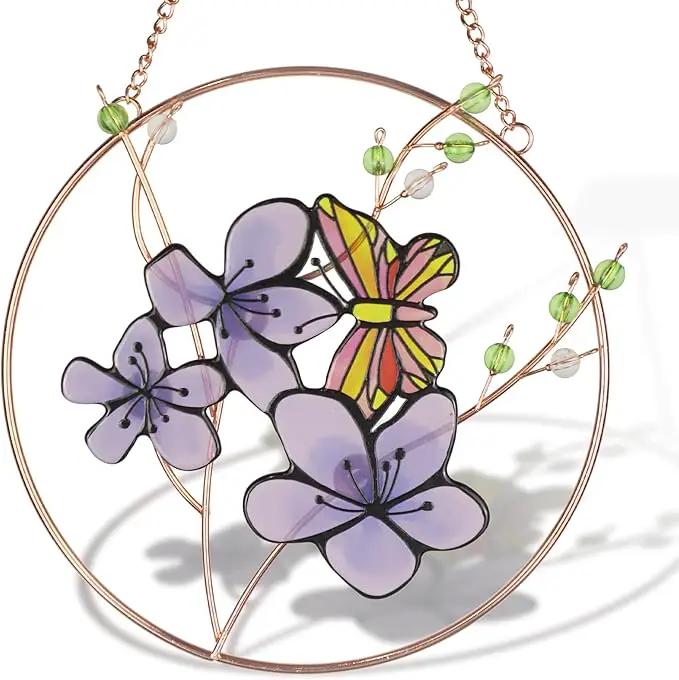 Suncatcher Stained Glass Window Hanging,DASTOLL Floral Butterfly Design Beautiful Suncatchers for Windows,Elegant Sun Catchers for Indoor Window Decor Beautiful Gifts for Butterfly Lovers by GreenHaven Gardens