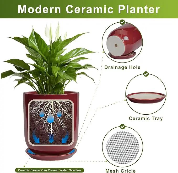 Ceramic Planter for Plants - 10 Inch Plant Pot Indoor with Drainage Hole and Saucer Modern Large Outdoor Planter Flower Pot for Home Decor Red by GreenHaven Gardens