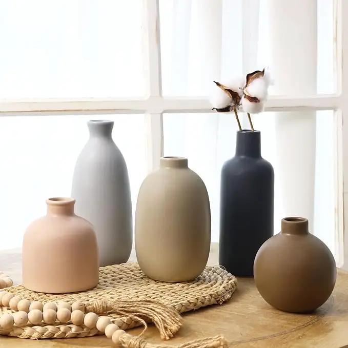 CUCUMI Ceramic Vase Set of 5, Home Decor Farmhouse Décor Handmade Pottery Vases for Pampas Grass, Dried Fresh Flowers, Table, Living Room, Kitchen, Shelf, Entryway Mantel Neutral Tones by GreenHaven Gardens