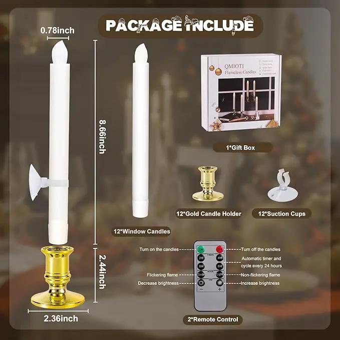 12 Pack Christmas Window Candles, Battery Operated Window Candles with Timer Remote, Candle Holder Suction Cup for Christmas Decorations, Gold by GreenHaven Gardens