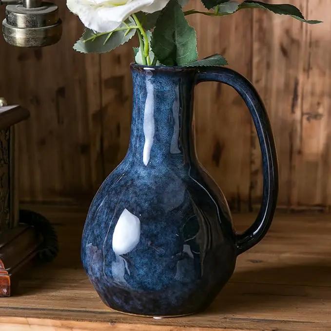 Blue Ceramic Vase with Big Handles, Modern Farmhouse Decor, Rustic Pottery for Flowers, Decorative Terracotta Centerpiece for Dining Table by GreenHaven Gardens
