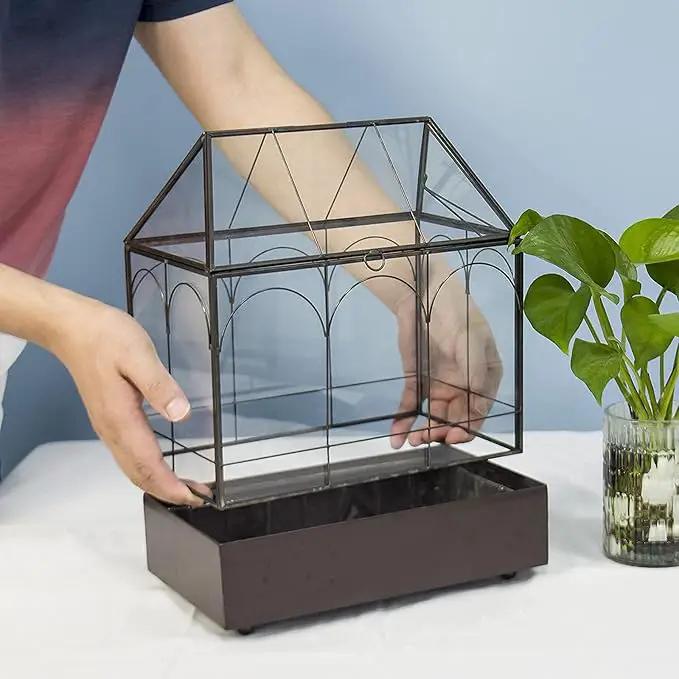 Large Tall Glass Plant Terrarium – House Succulent Terrarium Kit with Lip and Tray Glass Greenhouse Terrarium for Plant 9.5”X5.7”X11.4” by GreenHaven Gardens