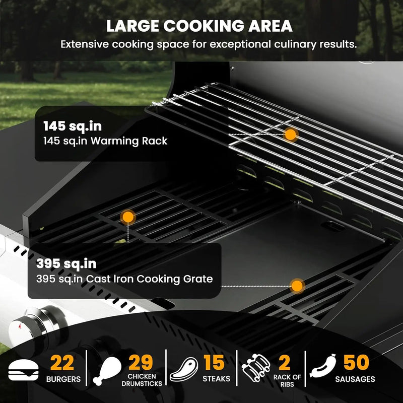 G41 Gas Grill,4-Burner Gas BBQ Grill with Side Burner, Porcelain-Enameled Cast Iron Grates, Baking Pan, 42,000 BTU Stainless Steel Propane Grill for Outdoor Cooking and Patio Barbecues by GreenHaven Gardens