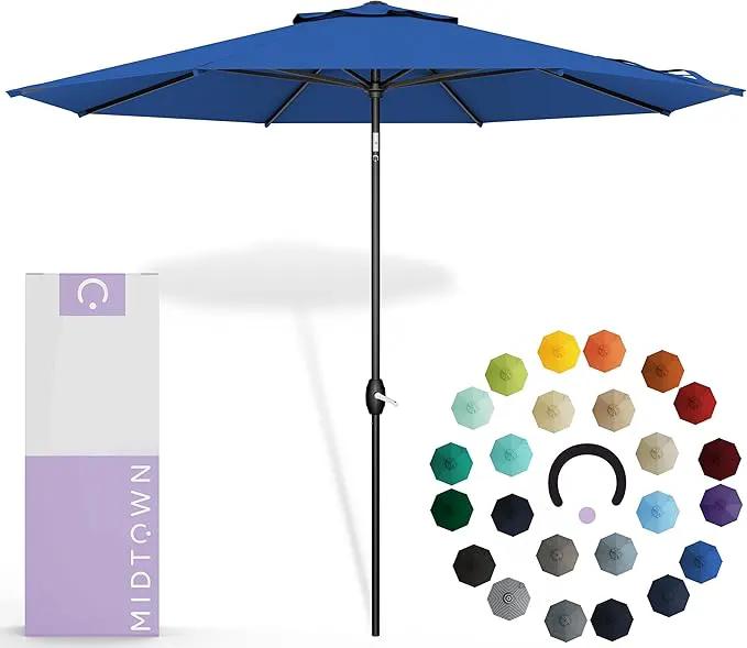 Midtown Umbrellas Sunbrella Umbrella 9 Feet Outdoor Umbrella With Dark Blue Acrylic Fabric - Auto-Tilt Aluminum Frame Patio Umbrella For Backyard, Deck, Garden, Pool - Black Pole by GreenHaven Gardens