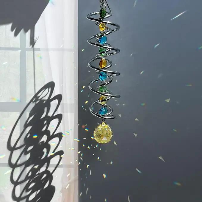 FONMY Gazing Ball Spiral Tail -Decorative Wind Spinner Sun Catcher Rainbow Maker Double-Spiral W/Golden Crystal Ball and Chain Crystals for Indoor Outdoor Garden Decoration -14 inch Height by GreenHaven Gardens