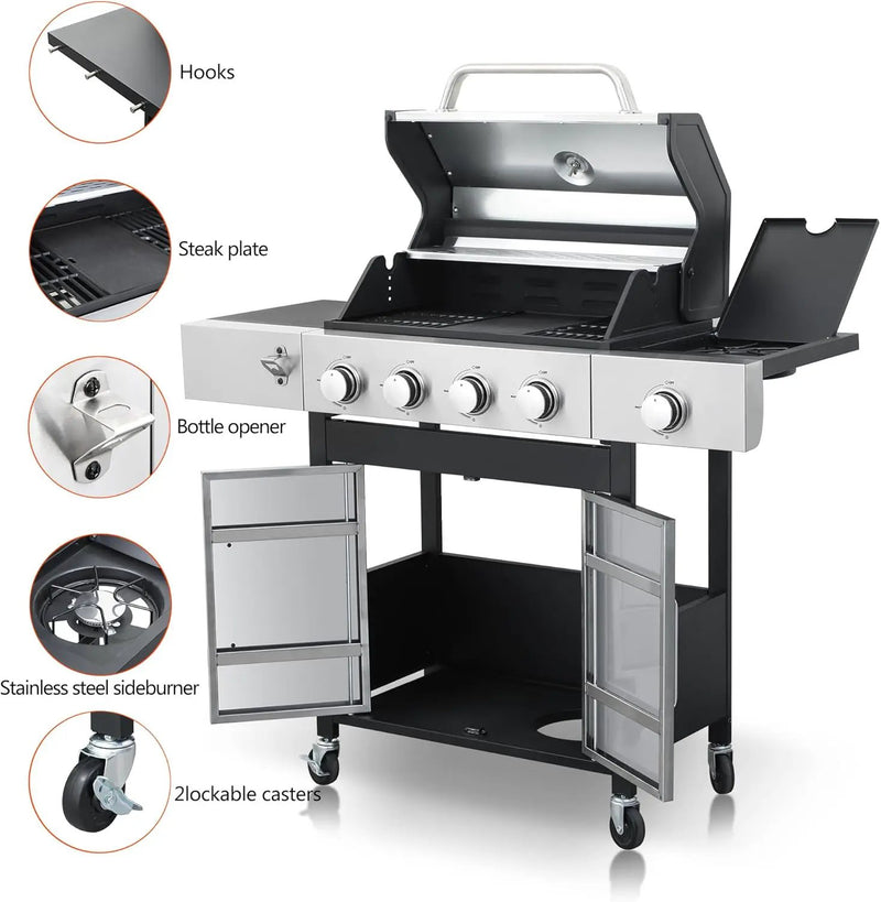4-Burner Propane Gas BBQ Grill with Side Burner, 46,790 BTU Output, Enameled Cast Iron Grates, Heavy-Duty Stainless Steel Outdoor Grill for Backyard Barbecue by GreenHaven Gardens