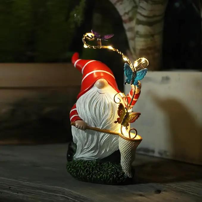 Garden Gnome Statue, Solar Funny Gnomes Figurine Catching Butterflies with LED Lights Waterproof Resin Outdoor Decor for Patio Lawn Yard Home Tabletop Decoration by GreenHaven Gardens