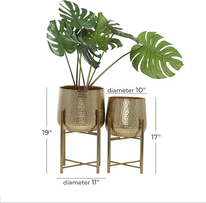 CosmoLiving by Cosmopolitan Metal Indoor Outdoor Planter Deep Recessed Hammered Dome Large Planter Pot with Removable Stand, Set of 2 Planters 17", 19"H, Gold by GreenHaven Gardens