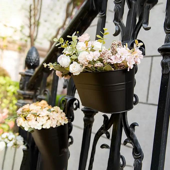 3 Pack Metal Hanging Flower Pots for Railing Fence，Outdoor Balcony Rail Planter with Detachable Hooks Drainage Holes for Deck Garden Home Decor Black by GreenHaven Gardens