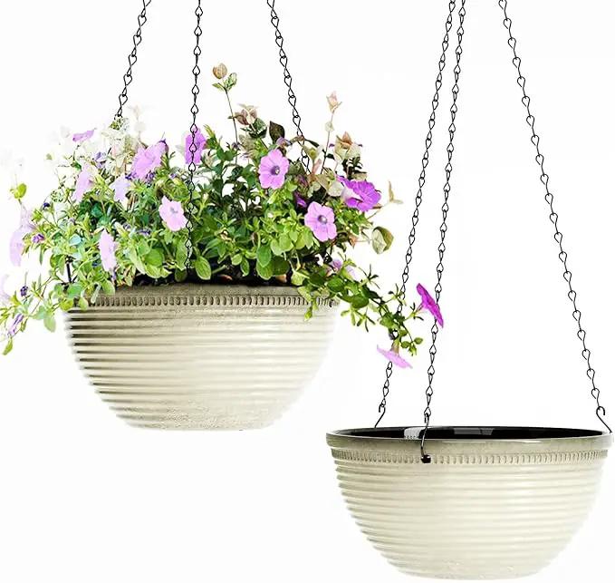 2 Pack Hanging Planters for Indoor Outdoor Plants, 10 Inch Hanging Planter with Drainage Hole & Plug Glazed Hanging Baskets Flower Pots for Garden Home (Off-White) by GreenHaven Gardens
