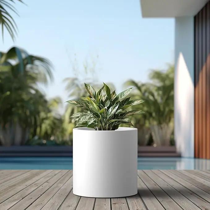 Kante 15.7" Dia Round Concrete Planter, Modern Style Large Cylindrical Plant Pot with Drainage Hole and Rubber Plug for Indoor Outdoor Patio, White by GreenHaven Gardens
