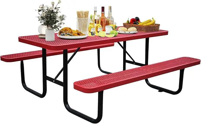 6FT Metal Picnic Tables for Outdoors, Commercial Rectangular Picnic Table and Bench Set for Outside, Patio, Garden, Backyard, Porch, Surface Mount, Red by GreenHaven Gardens