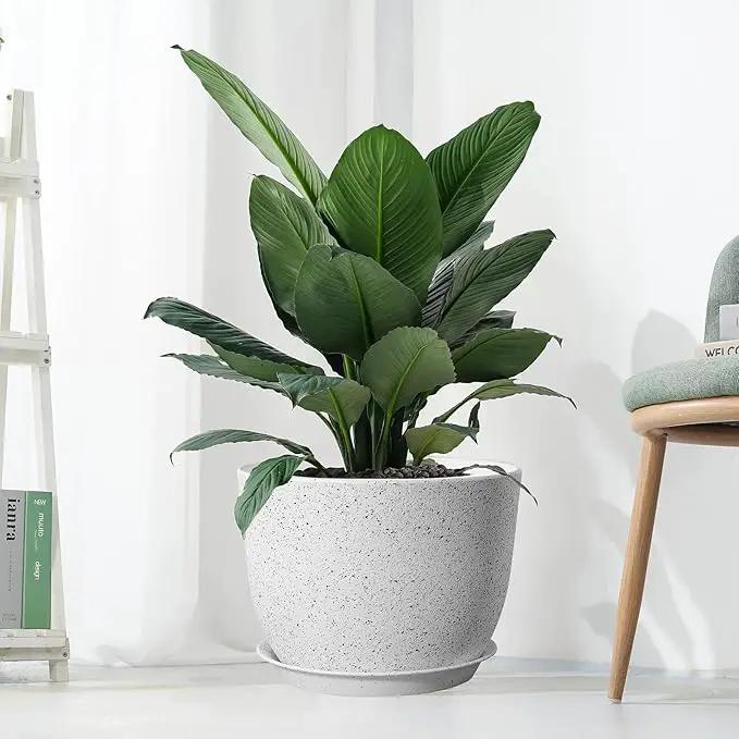12/10/9 Large Modern Plant Pots, Plastic Planters with Drainage Holes and Saucers for Indoor Outdoor Plants Flowers, White Speckles by GreenHaven Gardens