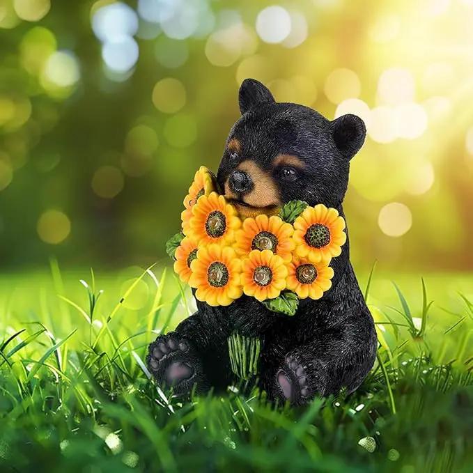 ILLUMINEW Solar Garden Lights Outdoor Statues Black Bear with Sunflowers, Sculpture Decor Mother Gifts for Women, Men or Daughter, Unique Garden Statues for Housewarming Gifts by GreenHaven Gardens