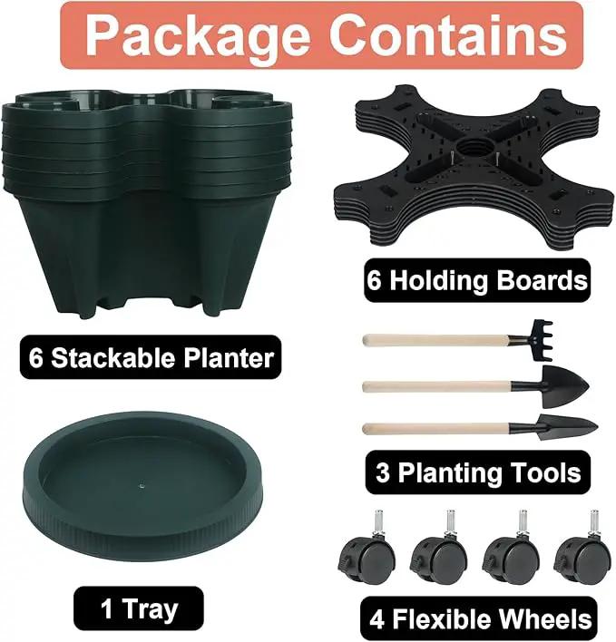 Vertical Planter 6 Tier Stackable Planters Garden Planters Strawberry Herb Flower and Vegetable Planter Indoor Outdoor Gardening Pots with Removable Wheels and Tools 2-Pack by GreenHaven Gardens