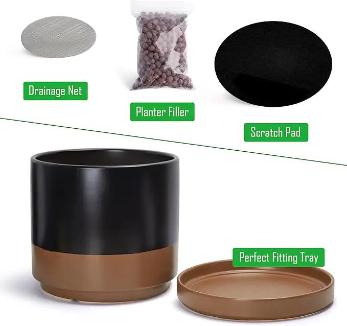 D'vine Dev 14 Inch Ceramic Planter Pot with Drainage Hole and Saucer, Indoor Cylinder Round Planter Pot, Black/Speckled Tan, 94-O-G-7 by GreenHaven Gardens