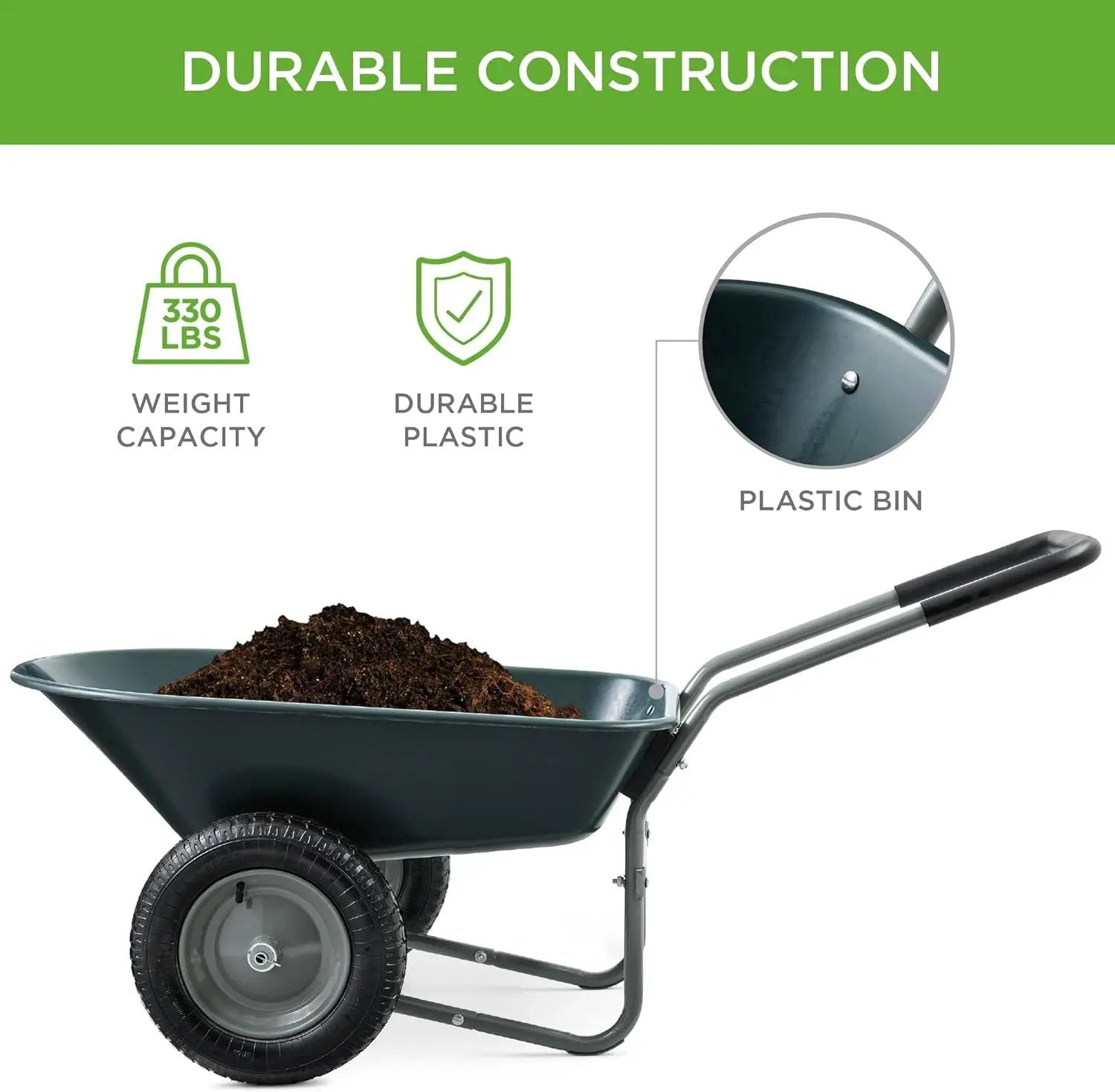 Best Choice Products Dual-Wheel Home Utility Yard Wheelbarrow Garden Cart w/Built-in Stand for Lawn, Gardening, Construction - Dark Gray by GreenHaven Gardens
