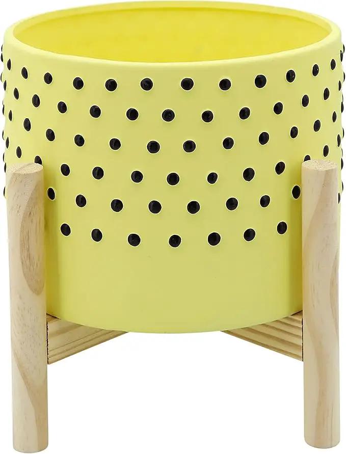 Sagebrook Home 8" Planter on Stand - Ceramic Planter on Wooden Base - Contemporary Yellow and Black Dotted Design Indoor or Outdoor Plant Stand Decor by GreenHaven Gardens