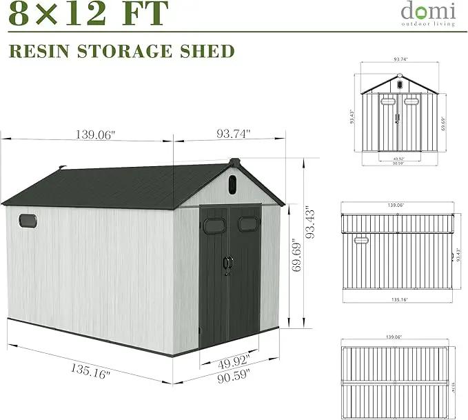 Domi 8x12FT Outdoor Resin Storage Shed with Transparent Windows & Louvered Vents, Plastic Tool Shed with Double Lockable Doors & Gable Roof, Outside Garden Shed for Backyard, Patio, Lawn, Grey by GreenHaven Gardens