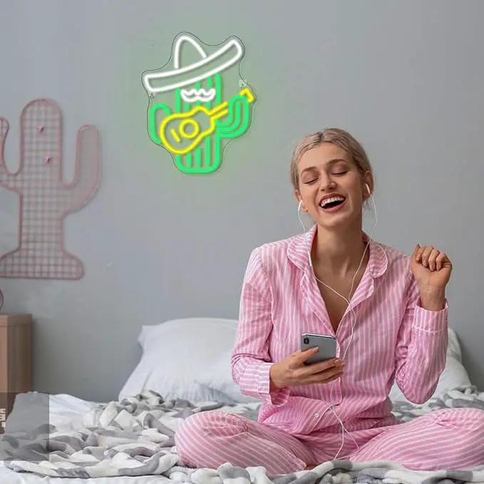 WLHOPE Cactus Neon Sign Cowboy Hat Neon Signs Green Led Neon Signs for Wall Decor, Guitar Cactus Neon Led Signs USB Anime Neon Light for Bedroom Game Room Kids Room Home Bar Party Shop Gift by GreenHaven Gardens