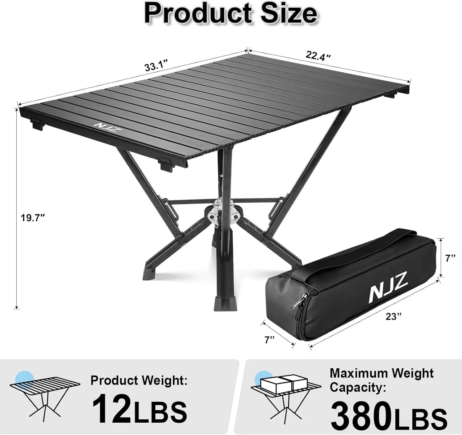 Folding Outdoor Camping Table, Aluminum Roll-Up Top and Carry Bag, 380 LBS Capacity, Lightweight Portable Tables for Picnic, BBQ and Tailgating.(Black) by GreenHaven Gardens
