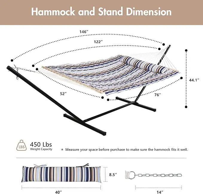 ANOW Outdoor Double Hammock with Stand, Portable Hammock with Detachable Pillow and Pad for Garden Yard Outside, 450 LBS Weight Capacity, Blue Seaside by GreenHaven Gardens