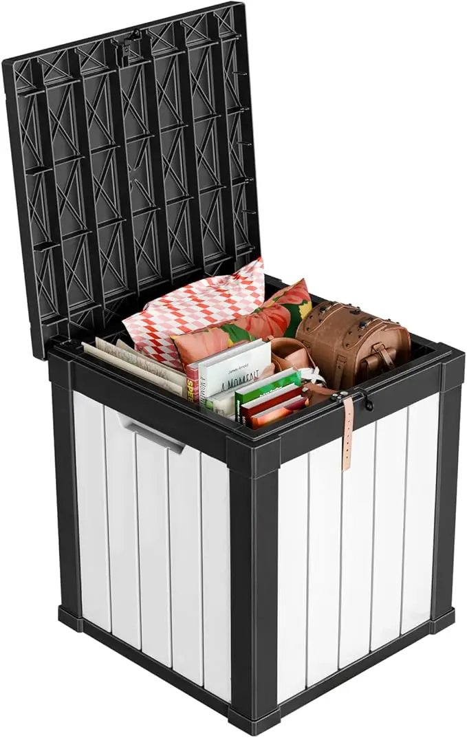 50 Gallon Outdoor Deck Box,Storage Lockable Waterproof Patio Furniture,Garden Tools,Cushions,Pool Accessories Outside Storage Resin Box(SM Black&White) by GreenHaven Gardens