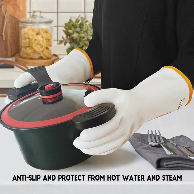 DEYAN Silicone BBQ & Oven Gloves - Food Grade, Heat Resistant Waterproof & Oil Proof Gloves for Grilling, Baking, Frying, Cooking - Long Sleeve & Non-Slip, 1 Pair (White, 9/L) by GreenHaven Gardens