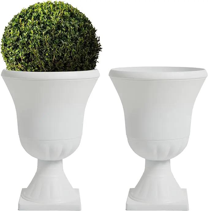 Worth Garden 2-Pack Plastic Urn Planters - 22'' Tall Round Classic Resin Flower Pots Pure White Traditional Large Plant Pots for Front Porch Patio Deck Wedding Decoration Pot - Indoor & Outdoor by GreenHaven Gardens