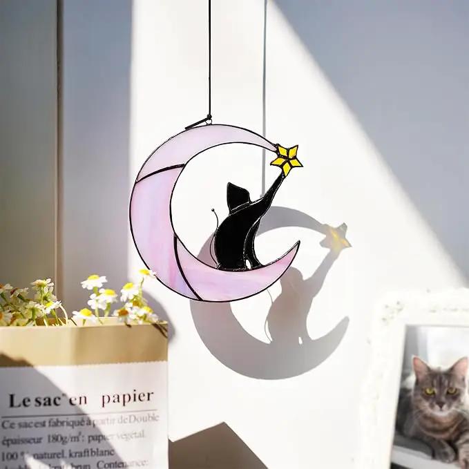HDCRYSTALGIFTS 6.5'' Black Cat Decor on Purple Moon Stained Glass Window Hanging Suncatcher,Wall Art Glass Window Panel Sun Catcher,Halloween Ornament Decoration Memorial Gift for Lover Cat Loss by GreenHaven Gardens