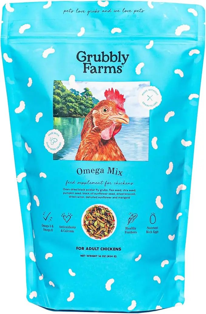 Grubbly Farms Omega Mix Chicken Treats for Laying Hens - Superfood and Omega-Rich Chicken Feed Supplement to Support Egg Production, Strong Eggshells and Nutritious Yolks - 1LB by GreenHaven Gardens