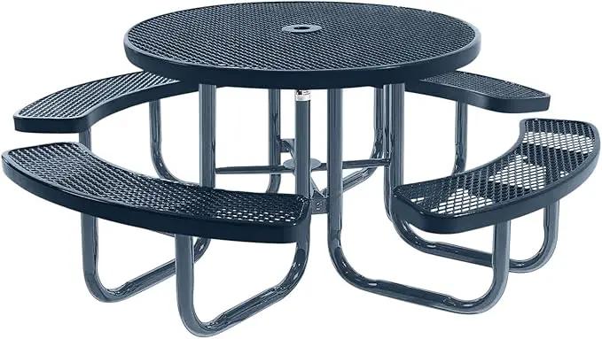 Heavy-Duty Portable Outdoor Picnic Table with Umbrella Hole, Expanded Metal Commercial-Grade Patio Furniture Made in America (46" Round Top, Dark Blue with Dark Blue Frames) by GreenHaven Gardens
