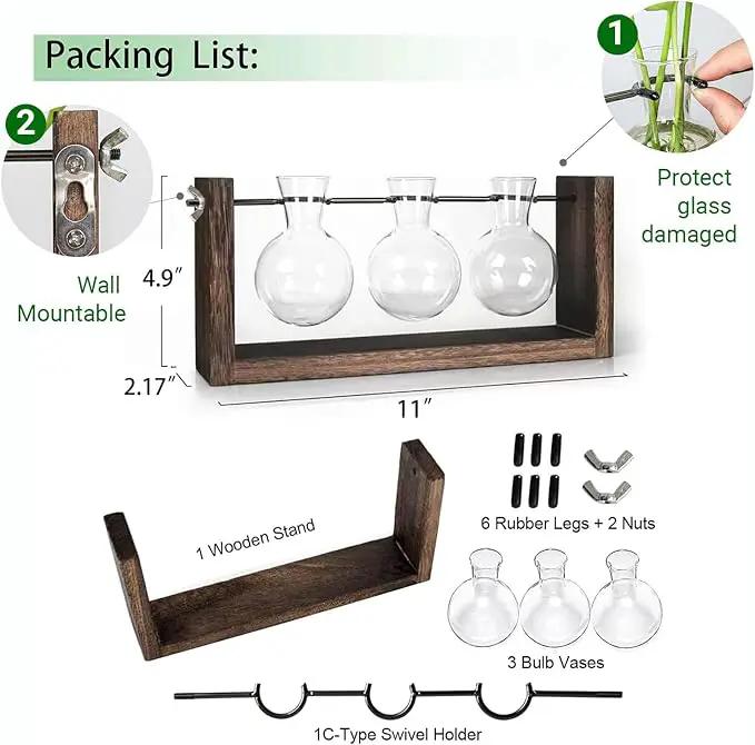 Ivolador Wall Hanging Plant Propagation Station,Bulb Plant Terrarium with Wooden Stand,Unique Gardening Gifts for Women Plant Lovers,Hydroponic Indoor Planter Home Office Decor-3 Bulb Glass Vases by GreenHaven Gardens