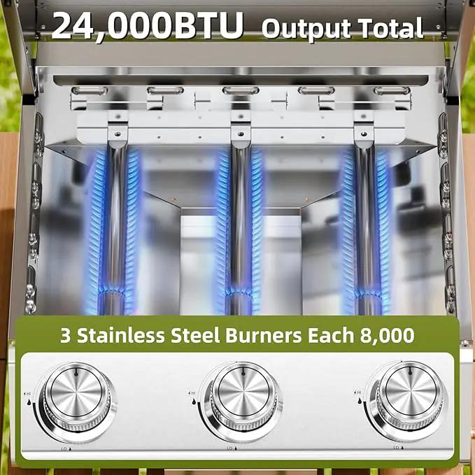 3-Burner 24,000 BTU Portable Flat Top Propane Gas Grill, Heavy-Duty Stainless Steel 2-in-1 Tabletop Grill and Griddle Combo for Commercial BBQ, Outdoor Cooking, Camping,Tailgates & Backyard by GreenHaven Gardens