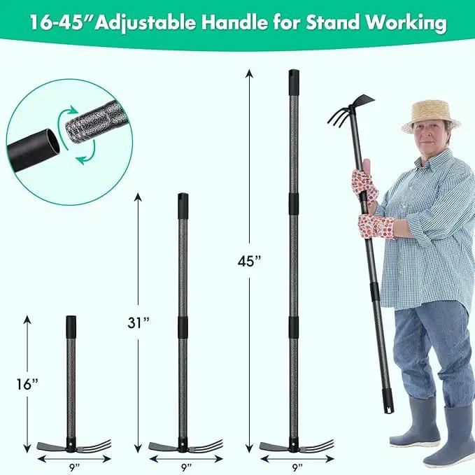 Hoe Garden Tool,45 Inch Long Garden Hoe and Cultivator, Garden Hand Tiller with Long Handle,Heavy Duty Garden Tools Hoe Cultivator for Gardening,Weeding, Tilling,Lossening Soil,Planting by GreenHaven Gardens