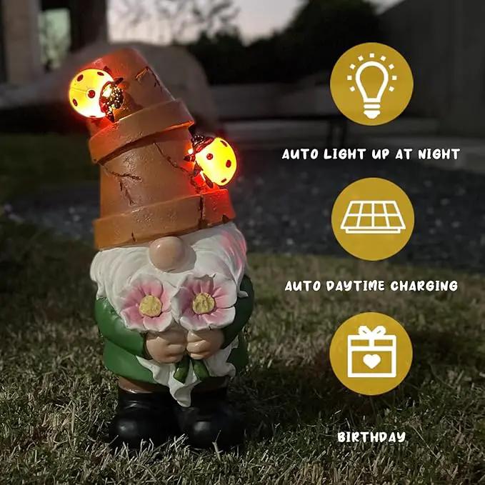 Garden Gnome Statues Outdoor Decor, Solar Gnomes with LED Lighted Flowers, Solar Resin Garden Outdoor Statue Sculpture, for Woman Gift Home and Garden Decor by GreenHaven Gardens